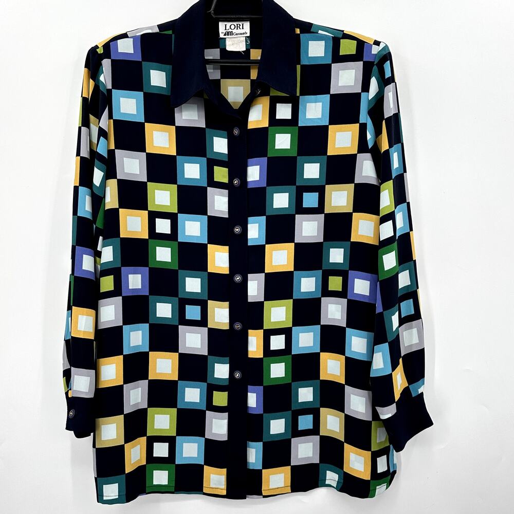 Vintage Lori by AM Casuals Abstract Square Bold Navy Blue Blouse Womens Size 14